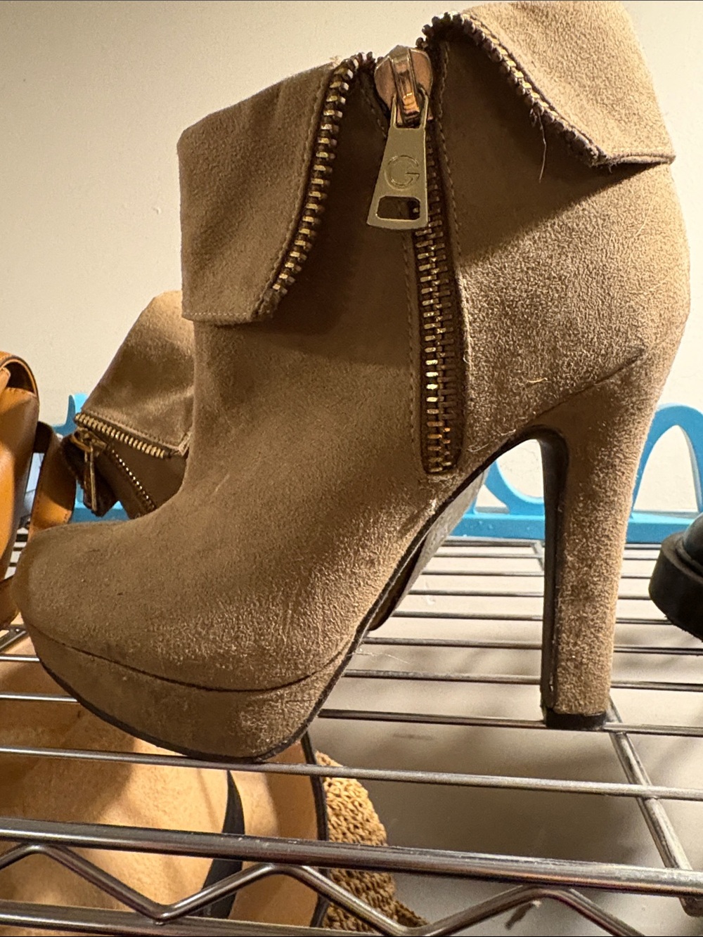 Guess Suede Fold-Over High Heel Ankle Boots in Brown with Gold Zipper